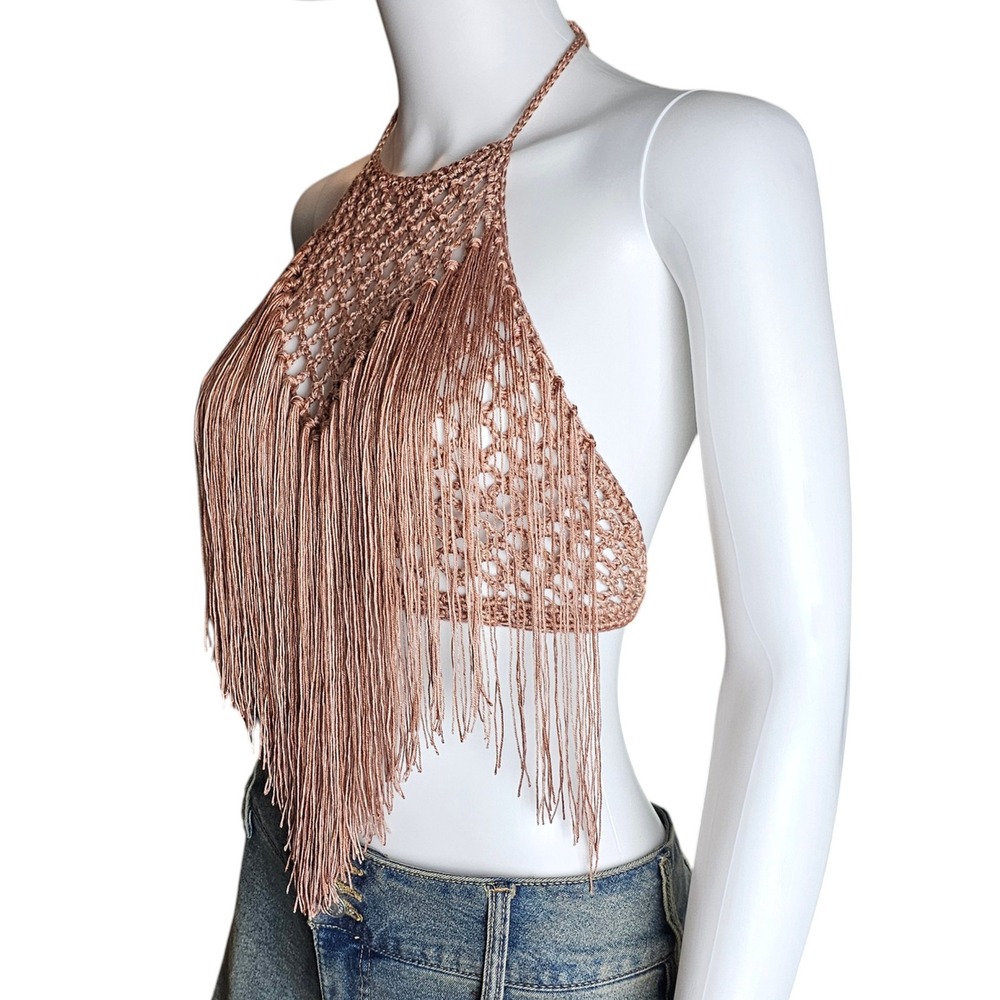 Handmade Crochet Fringe Halter Top, Boho Festival Top, Summer Fashion - Picture 3 of 11